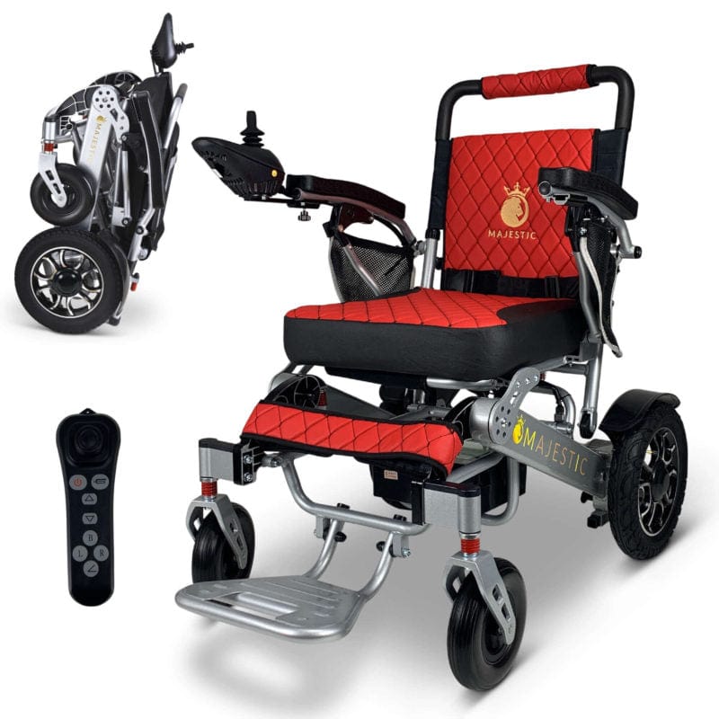 ComfyGo Majestic IQ-7000 Wheelchair in silver, red seat, folded and remote control