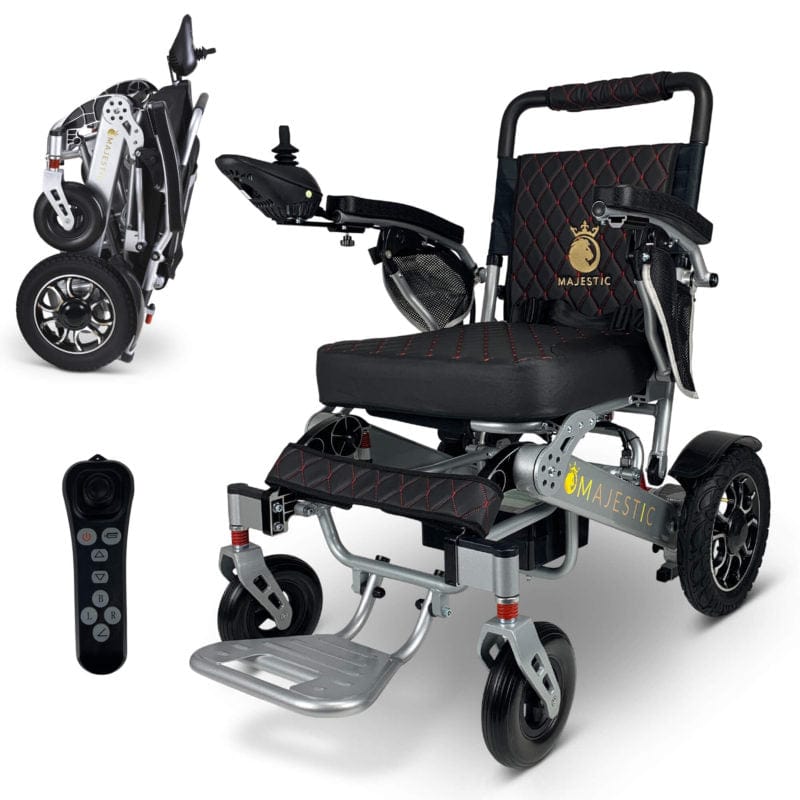 ComfyGo Majestic IQ-7000 Wheelchair in silver, black seat, folded and remote control