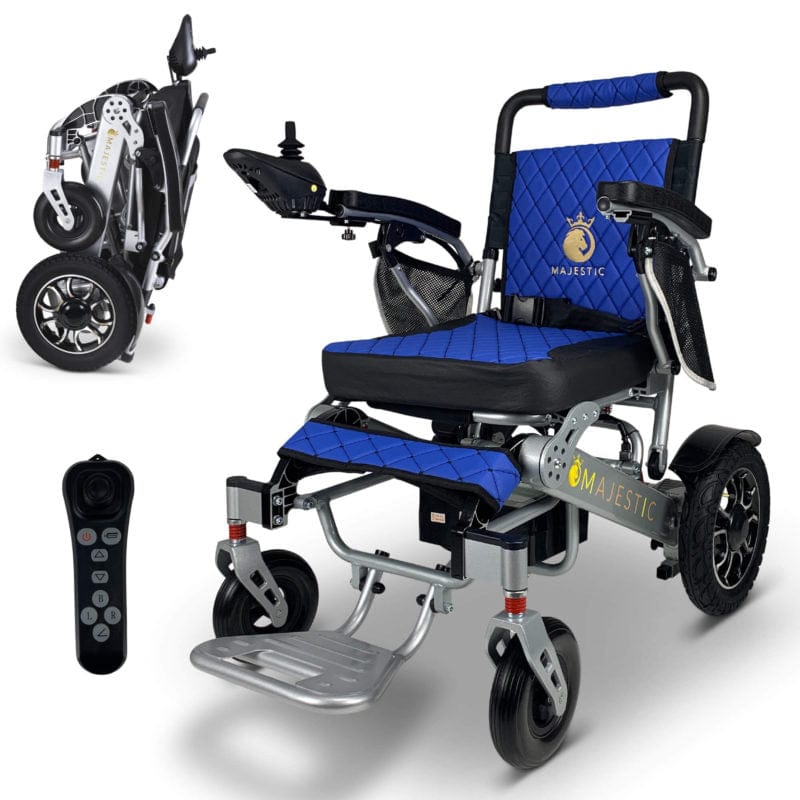 ComfyGo Majestic IQ-7000 Wheelchair in silver, blue seat, folded and remote control