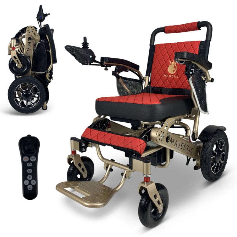 ComfyGo Majestic IQ-7000 Wheelchair in bronze, red seat, folded and remote control