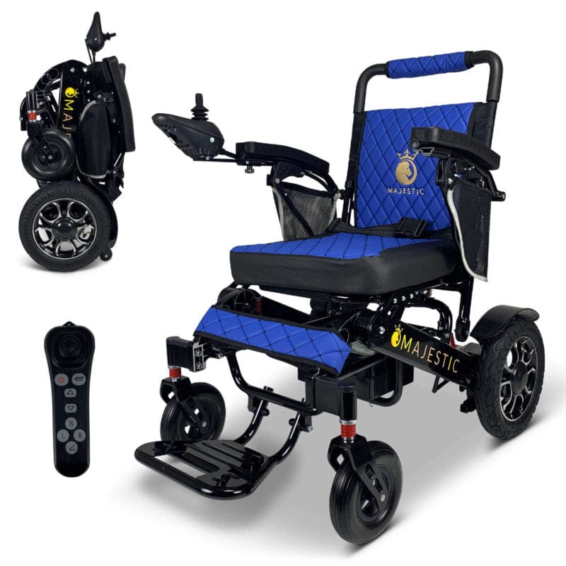 ComfyGo Majestic IQ-7000 Wheelchair in black, blue seat, folded and remote control