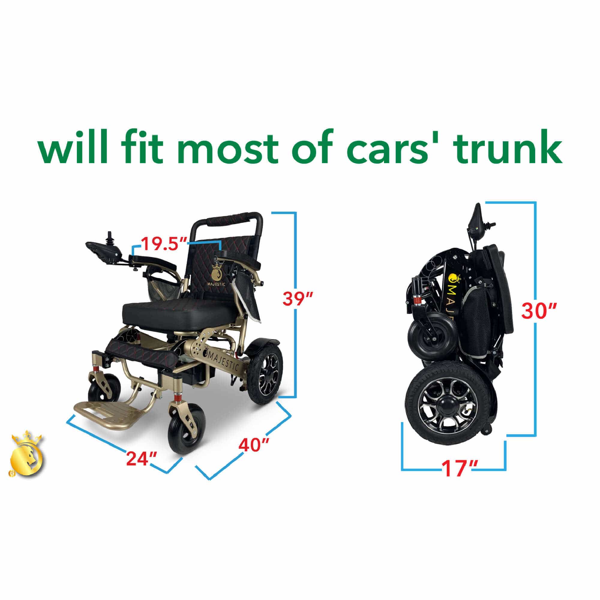 ComfyGo Majestic IQ-7000 Wheelchair in bronze, featured dimensions