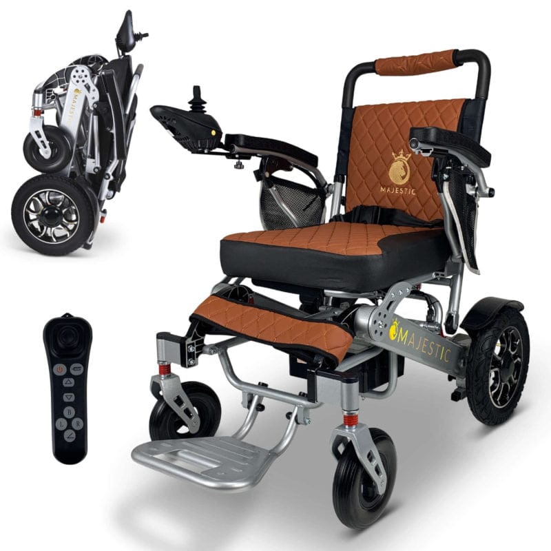ComfyGo Majestic IQ-7000 Wheelchair in silver, taba seat, folded and remote control