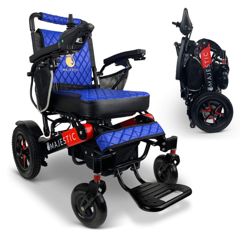 ComfyGo Majestic IQ-7000 Wheelchair in black and red, blue seat, folded