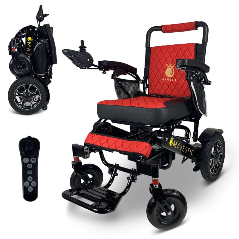 ComfyGo Majestic IQ-7000 Wheelchair in black, red seat, folded and remote control
