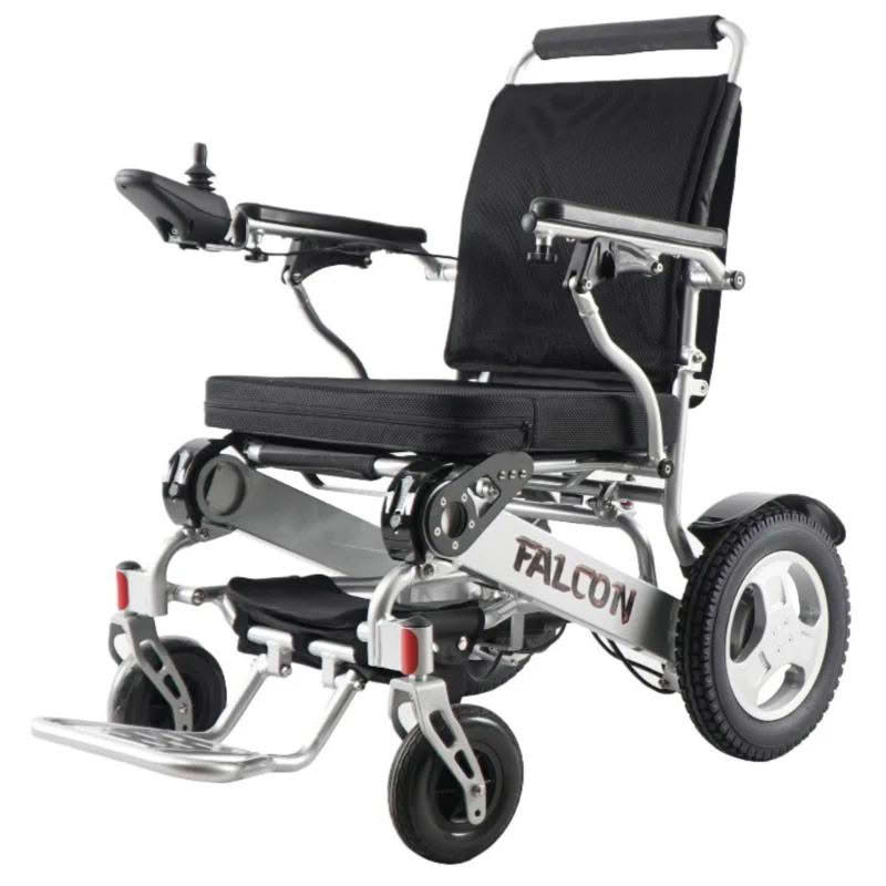Falcon Portable Power Wheelchair in silver, front left view