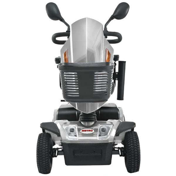 Metro Mobility s500 heavy duty mobility scooter, silver color, front view