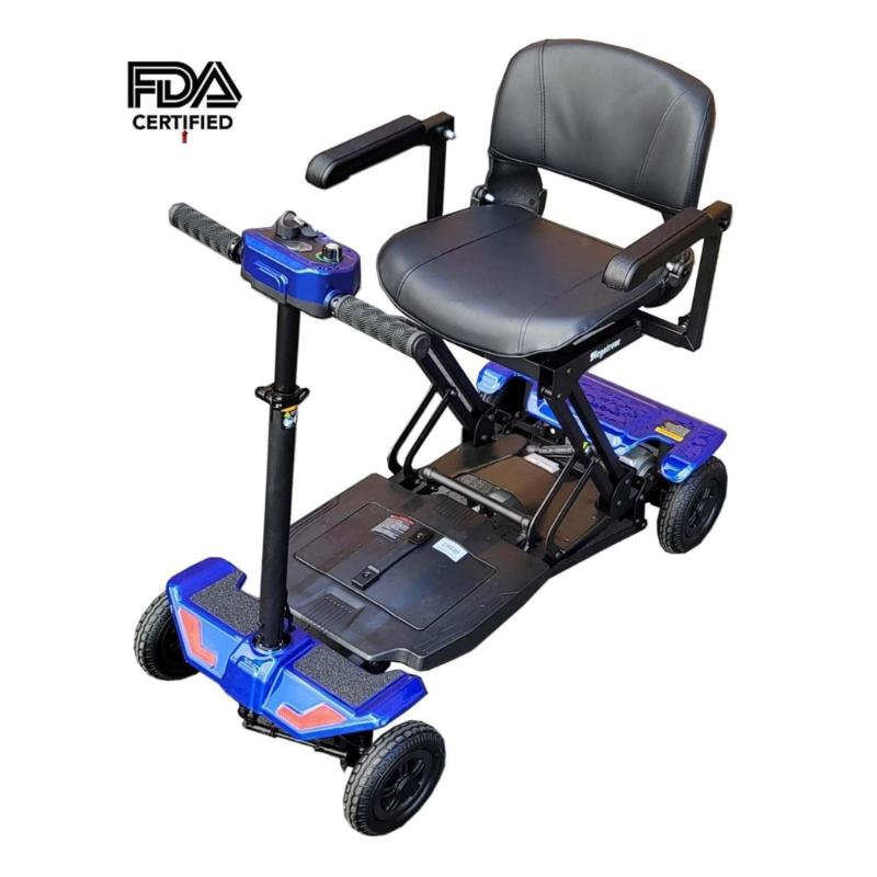 Megatrone Automatic Folding Scooter in blue, front left view