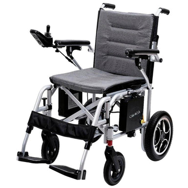 Oracle Lightweight Foldable Power Wheelchair in silver, front left view