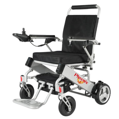 Phoenix HD Power Wheelchair in silver, front left view
