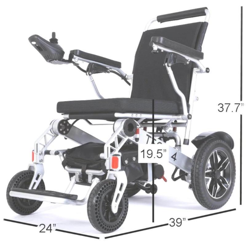 Tech 4 Remote Control Power Wheelchair in silver, measurements