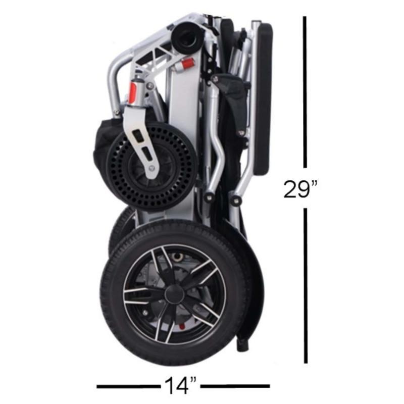 Tech 4 Remote Control Power Wheelchair in silver, folded measurements