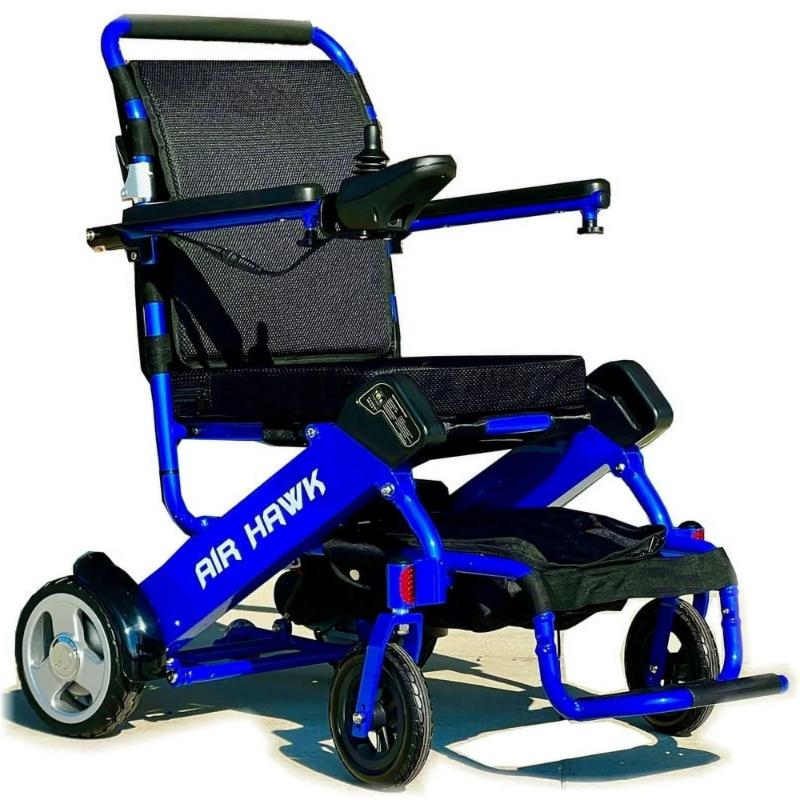 Air Hawk Foldable Electric Wheelchair in blue, rightside view