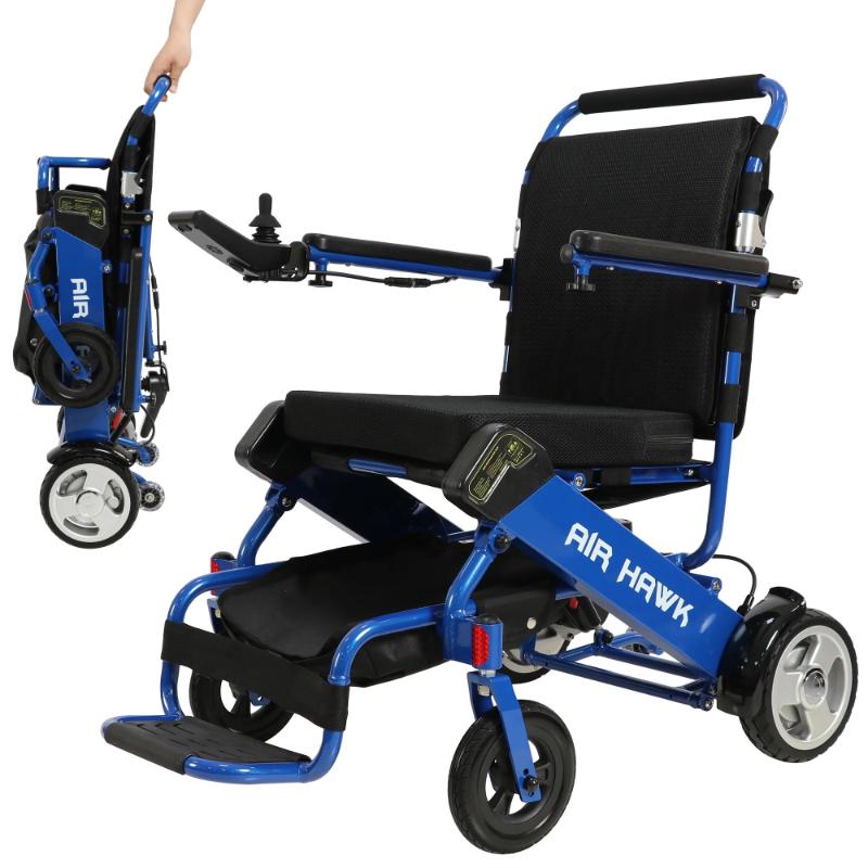 Air Hawk Foldable Electric Wheelchair in blue, leftside view, folded