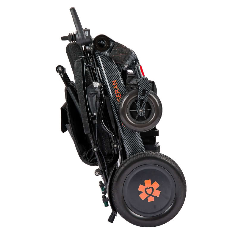 Foldable electric wheelchair with visible brand logo on a white background