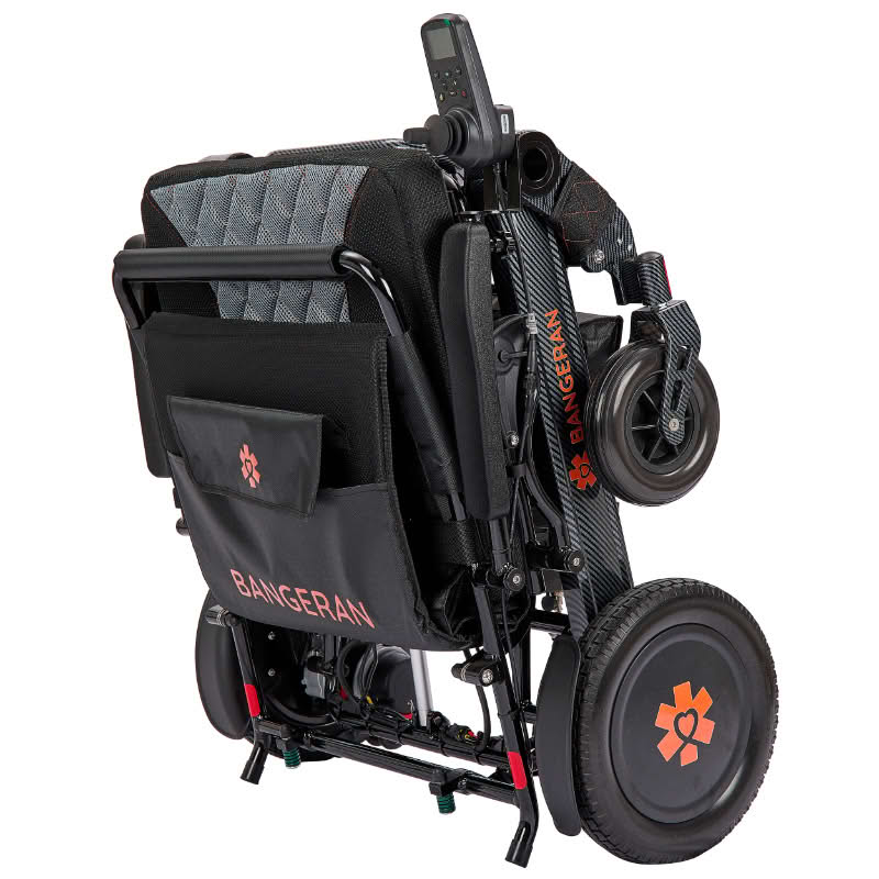 Black and gray power wheelchair with visible branding on a white background