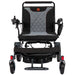 Black and gray electric wheelchair with quilted seat on a white background