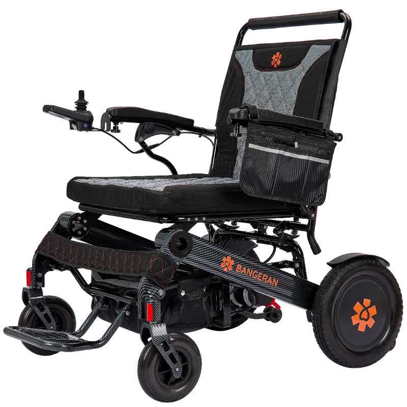 Black electric wheelchair with orange logo on a white background