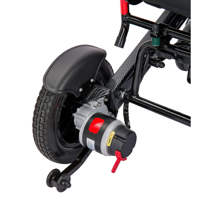 Close-up of a wheelchair wheel with mechanical components on a white background