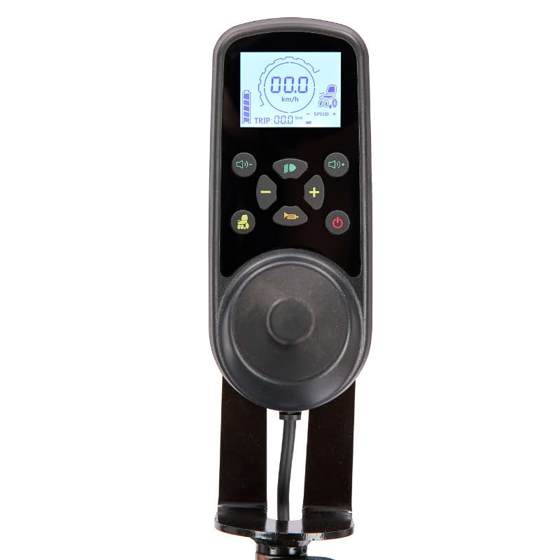 Black electronic device with digital display and control buttons on a white background