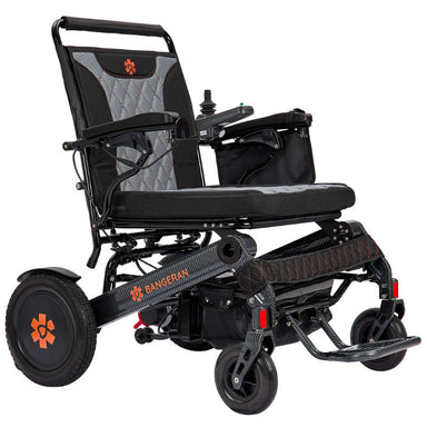 Black electric wheelchair with visible branding on a white background