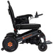 Black electric wheelchair with visible branding on a white background