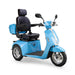 Elite 3 Wheel Scooter in blue,  black captains chair, chrome wheels, sideview.