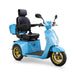 Elite 3-Wheel Scooter in blue, black captains chair, gold wheels, sideview