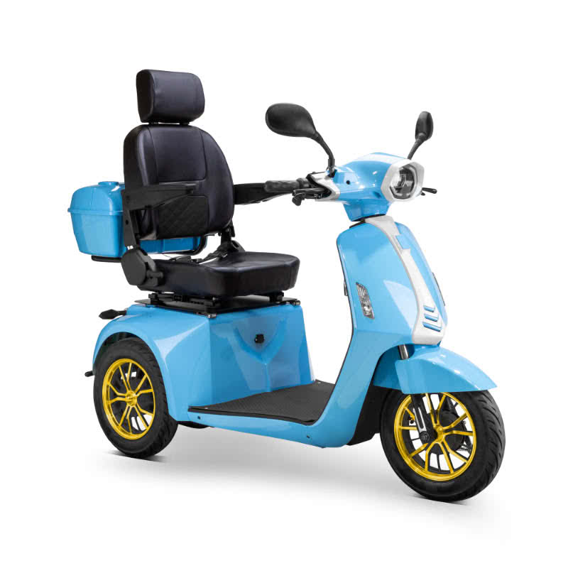 Elite 3-Wheel Scooter in blue, black captains chair, gold wheels, sideview