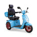 Elite 3-Wheel Scooter in blue, black captains chair, red wheels, sideview