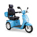 Elite 3-Wheel Scooter in blue, black captains chair, white wheels, sideview