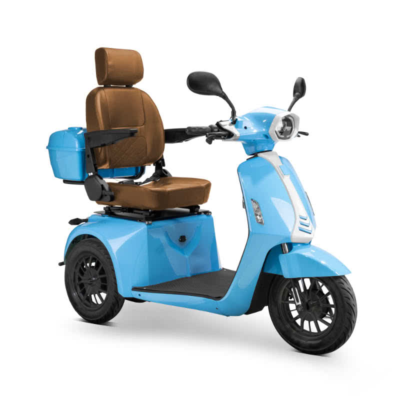 Elite 3-Wheel Scooter in blue, brown captains chair, black wheels, sideview