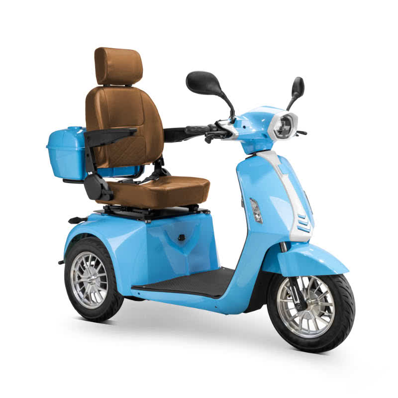 Elite 3-Wheel Scooter in blue, brown captains chair, chrome wheels, sideview