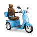 Elite 3-Wheel Scooter in blue, brown captains chair, white wheels, sideview
