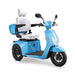 Elite 3-Wheel Scooter in blue, white captains chair, black wheels, sideview