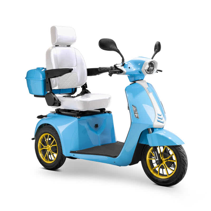 Elite 3-Wheel Scooter in blue, white captains chair, gold wheels, sideview
