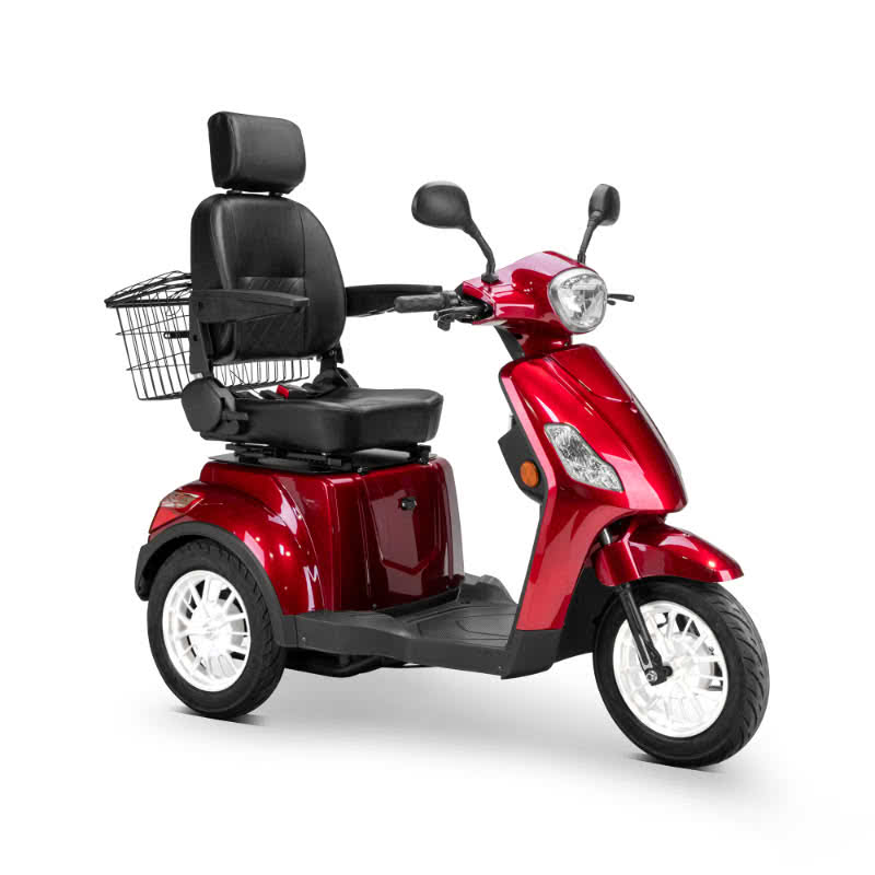Legacy 3-Wheel Scooter in red, black captains chair, white wheels, sideview