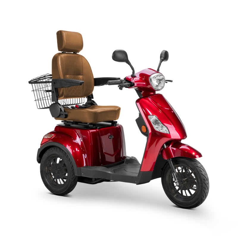 Legacy 3-Wheel Scooter in red, brown captains chair, black wheels, sideview