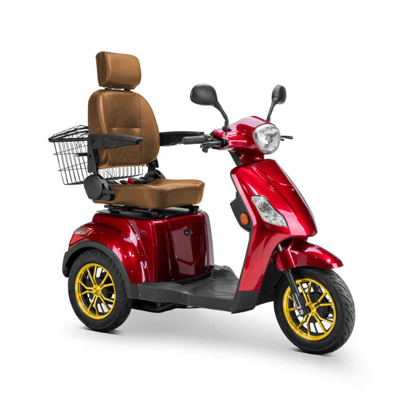 Legacy 3-Wheel Scooter in red, brown captains chair, gold wheels, sideview