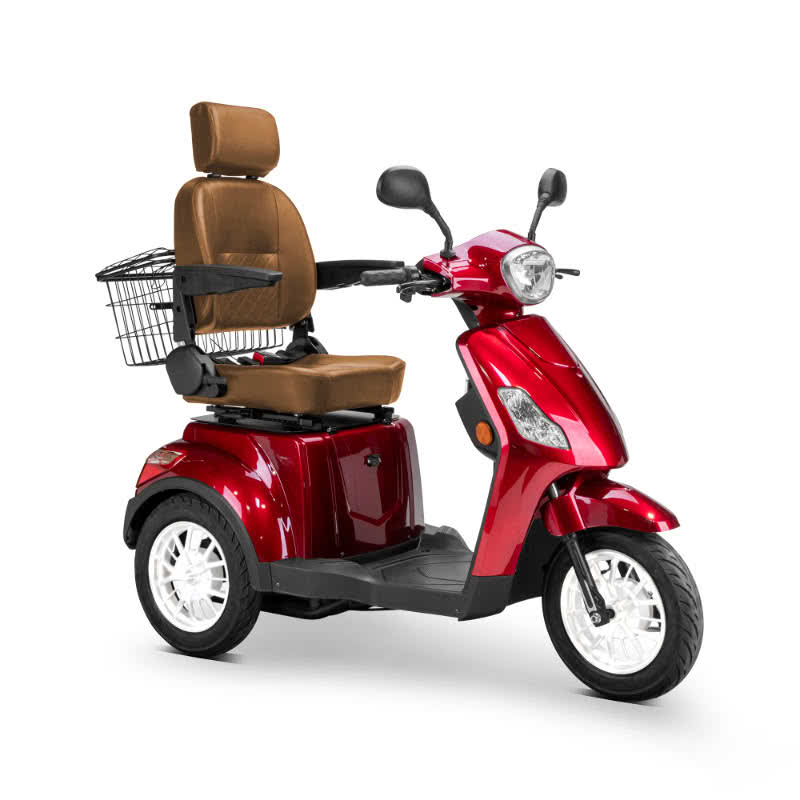 Legacy 3-Wheel Scooter in red, brown captains chair, white wheels, sideview