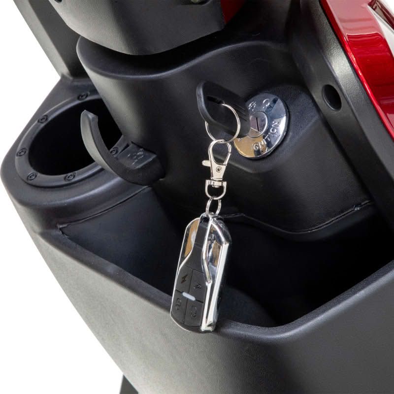 Legacy 3-Wheel Scooter in red, key, cupholder, and tiller storage 