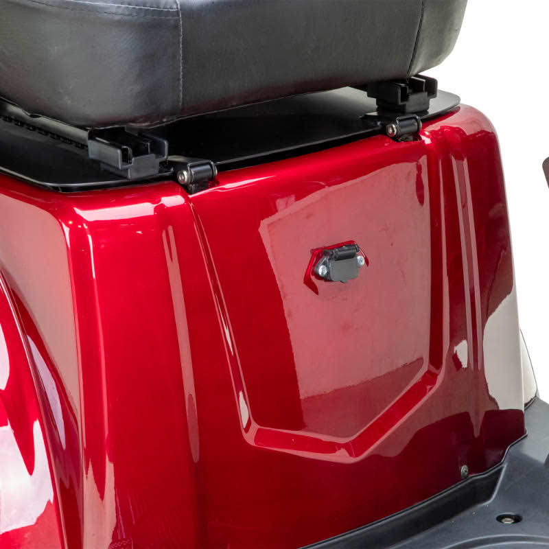 Legacy 3-Wheel Scooter in red, up close rearview, charging port 
