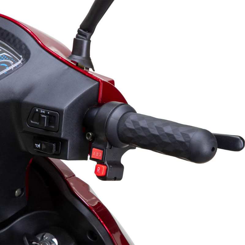 Legacy 3-Wheel Scooter in red, right handlebar grip and throttle, reverse button