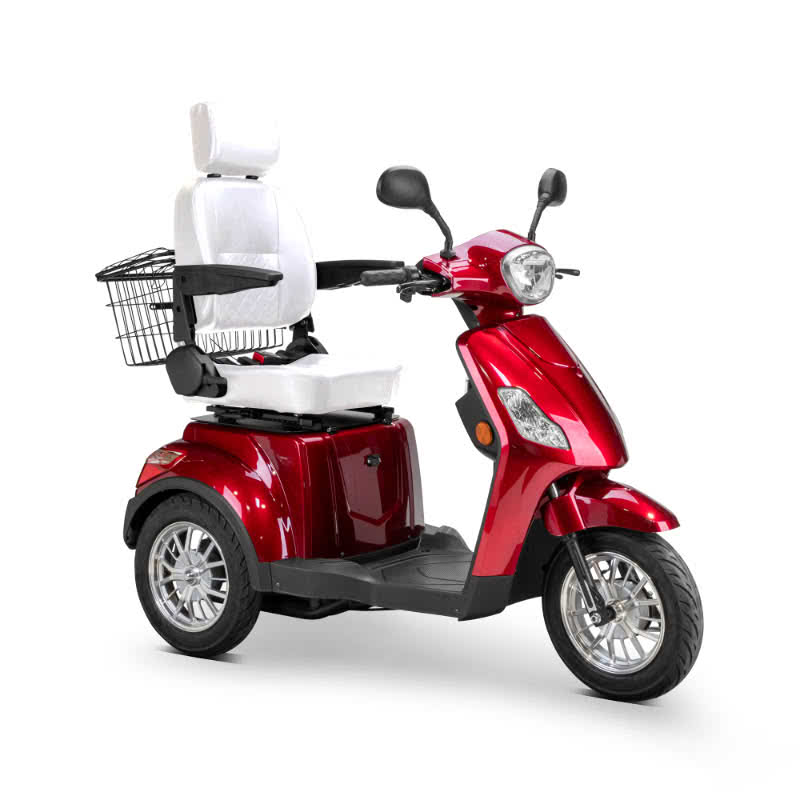Legacy 3-Wheel Scooter in red, white captains chair, chrome wheels, sideview