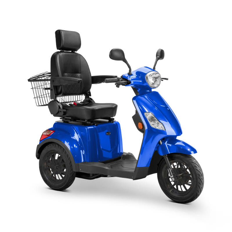 Legacy 3-Wheel Scooter in vibrant blue, black captains chair, black wheels, sideview