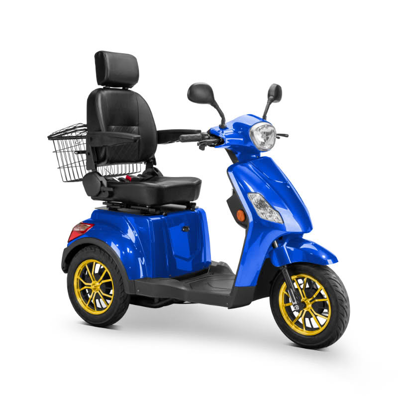 Legacy 3-Wheel Scooter in vibrant blue, black captains chair, gold wheels, sideview