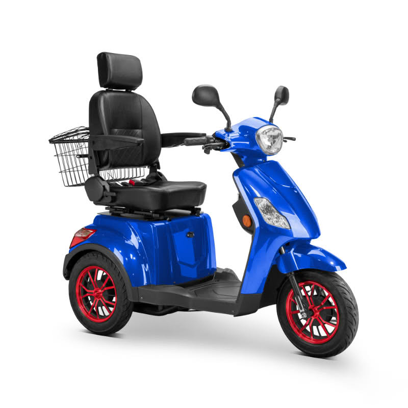 Legacy 3-Wheel Scooter in vibrant blue, black captains chair, red wheels, sideview