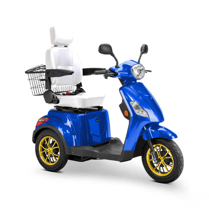 Legacy 3-Wheel Scooter in vibrant blue, white captains chair, gold wheels, sideview