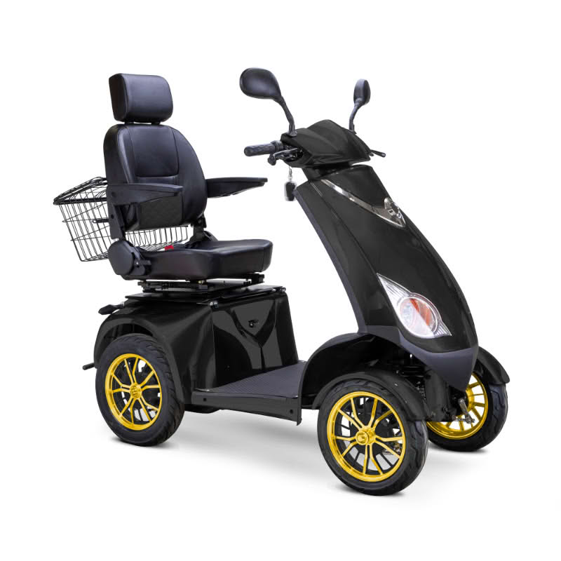 Platinum 4-Wheel Scooter in matte black with black captains chair and gold wheels