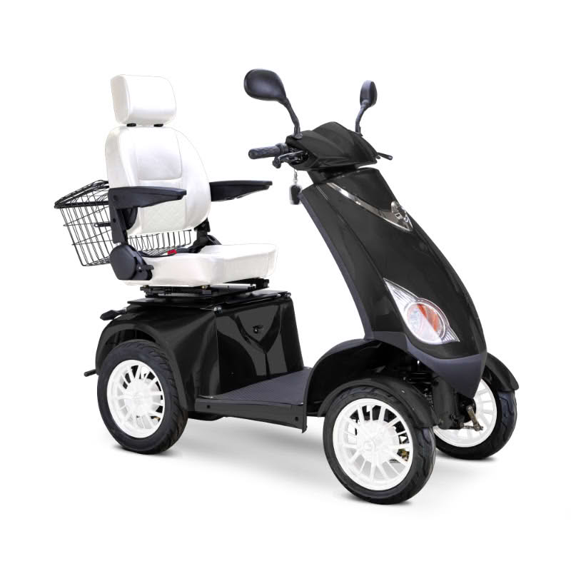 Platinum 4-Wheel Scooter in matte black with white captains chair and white wheels